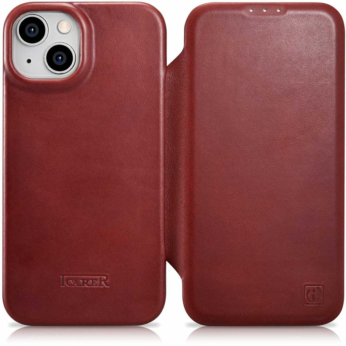 iCarer CE Oil Wax Premium Leather Folio Case skórzane etui iPhone 14 Plus z klapką magnetyczne MagSafe czerwony (AKI14220707-RD)