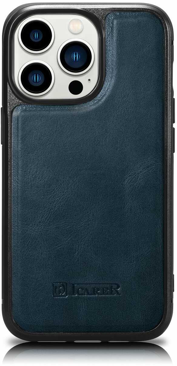 iCarer Leather Oil Wax etui pokryte naturalną skórą do iPhone 14 Pro (kompatybilne z MagSafe) niebieski (WMI14220718-BU)