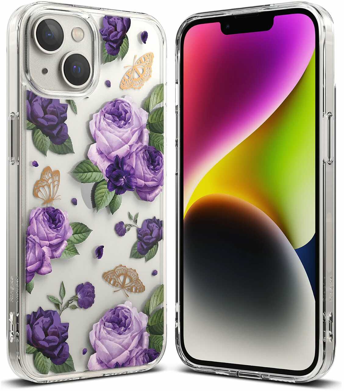 Ringke Fusion Design pancerne etui pokrowiec z żelową ramką iPhone 14 Plus przezroczysty (Purple rose) (FD637E29)