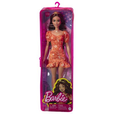 Mattel Barbie Fashionistas 182 Pomarańczowa sukienka z białymi kwiatami FBR37