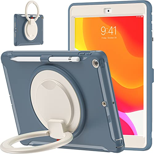 Ciemnoniebieskie etui na iPad 2019 2020 2021 10,2 cala iPad generacji 9/8/7 płaskie etui ochronne z tuleją na długopis 360° ręczna podpórka obrotowa 360° trzy etui ochronne