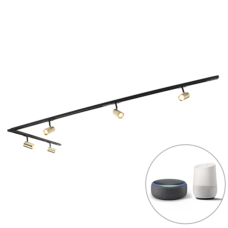 QAZQA Inteligentny system szynowy czarny ze złotymi 1-fazowymi 5 światłami  w tym Wi-Fi GU10- Jeana