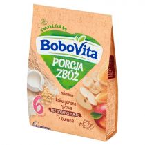 Bobovita Kaszka mleczna Porcja Zbóż - kukurydziano-ryżowa, 3 owoce - bez glutenu, soli i cukru