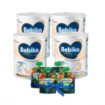 Bebiko Pro+ 3 Odżywcza formuła na bazie mleka dla dzieci powyżej 1. roku życia + BoboVita Mix musów Zestaw 4 x 700 g + 4 x 80 g