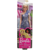Lalka Barbie blondynka w lśniącej niebieskiej sukni Mattel