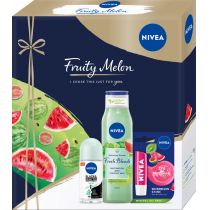 Nivea Fruity Melon XMASS - Zestaw (Żel pod prysznic 300ml + Roll-On 50ml + Pomadka 4,8g)