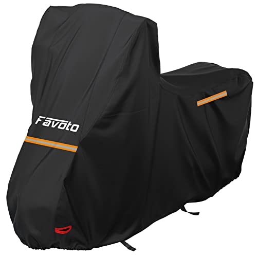 Favoto Pokrowiec na motocykl 210D Oxford osłona motocykla z wysoką szybą odblaskową taśmy, wodoodporny kurz deszcz wiatr ptasie odchody, 220x105x160cm czarny