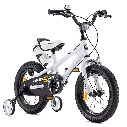 RoyalBaby Freestyle rower dziecięcy, dla chłopców i dziewczynek, z kołami podporowymi, 14 cali, biały