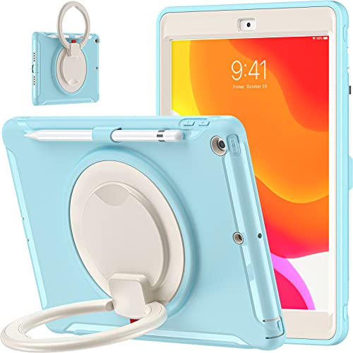 Jasnoniebieskie etui na iPad 2019 2020 2021 10,2 cala iPad generacji 9/8/7 płaskie etui ochronne z tuleją na długopis 360° ręczna podpórka obrotowa trzy dowody