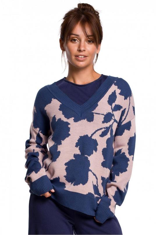 Lekki sweter z dekoltem V i wzorem w kwiaty - SukienkiShop