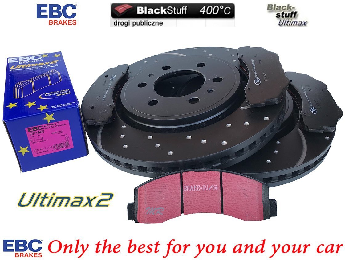 Przednie klocki Ultimax2 + NAWIERCANE NACINANE tarcze hamulcowe EBC seria GD Ford F-150 2010-