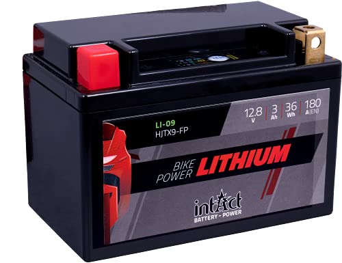 intAct Bike-Power Lithium LI-09, HJTX9-FP, 12,8 V 3 Ah 36 Wh, 180 A (CCA), Wysokiej jakości litowy akumulator motocyklowy z inteligentnym zarządzaniem akumulatorem i oszczędnością masy do 75%.