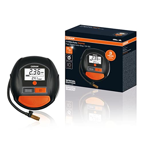 OSRAM TYREinflate RAPID, cyfrowy kompresor powietrza 12V, kompresor przenośny, auto-stop, światło LED, programowalny, elektryczna pompka powietrza do opon, połączenie 12V, pompowanie opon w 2 min