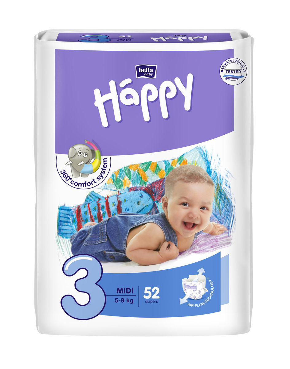 Bella baby happy Pieluszki Baby Happy New Flexi Fit Midi (3) 5-9 kg 52 szt. BB-054-MU52-007