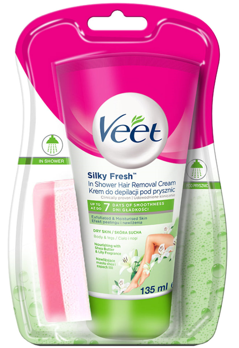 Veet krem do depilacji pod prysznic dla skóry suchej, 135 ml + gąbka