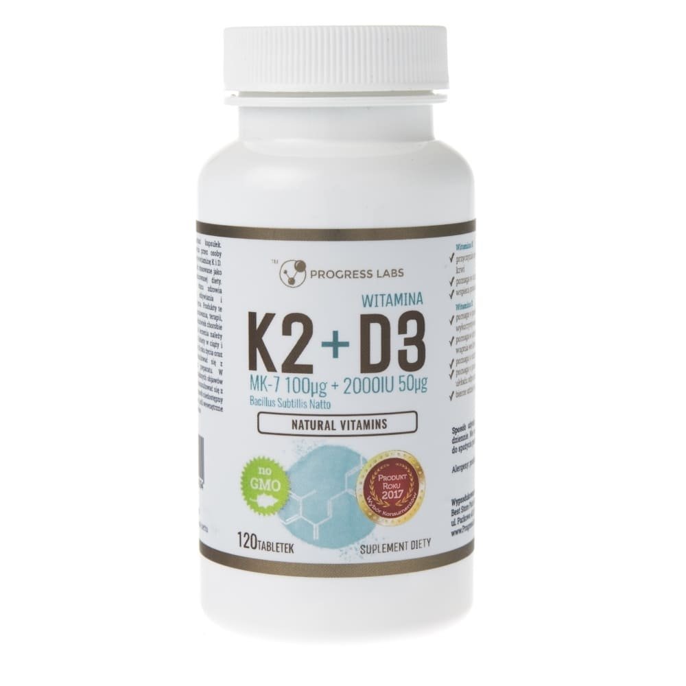 Progress Labs Progress Labs Witamina K2 MK-7 Z Natto 100 mcg + D3 2000 IU 50 mcg - 120 tabletek