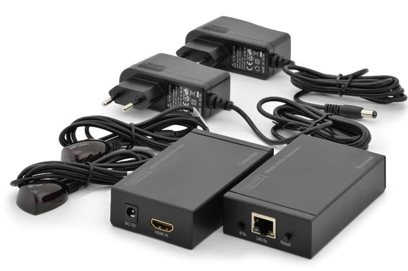 Digitus Professional DS-55120 - przedłużacz sieciowy HDMI - obsługa IP - do 253 odbiorników - Cat 5e/6 - zestaw (nadajnik/odbiornik) - czarny 4016032365815