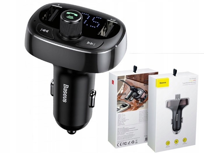 Baseus Baseus T-Typed - Ładowarka samochodwa z transmiterem FM Bluetooth z funkcją zestawu głośnomówiącego BSU051BLK