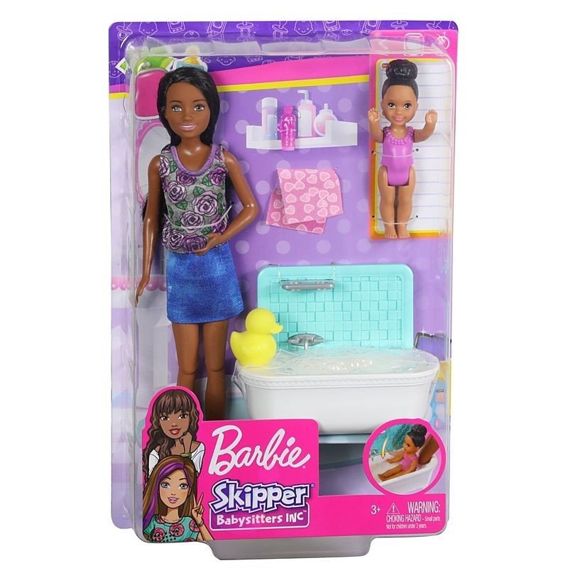 Barbie Lalka Skipper Opiekunka + Dziecko Zestaw Z Wanną Fxh06 Fhy97 Murzynka