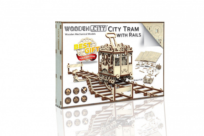 Wooden.City Drewniane puzzle 3D City Tram + tory kolejowe