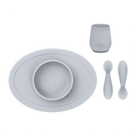 EZPZ komplet pierwszych naczyń silikonowych First Foods Set pastelowa szarość