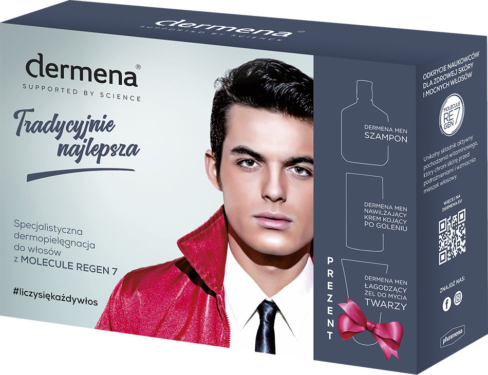 Dermena Dermena Supported By Science Men Zestaw prezentowy (szampon 200ml+krem po goleniu 50ml+żel do mycia twarzy 150ml)