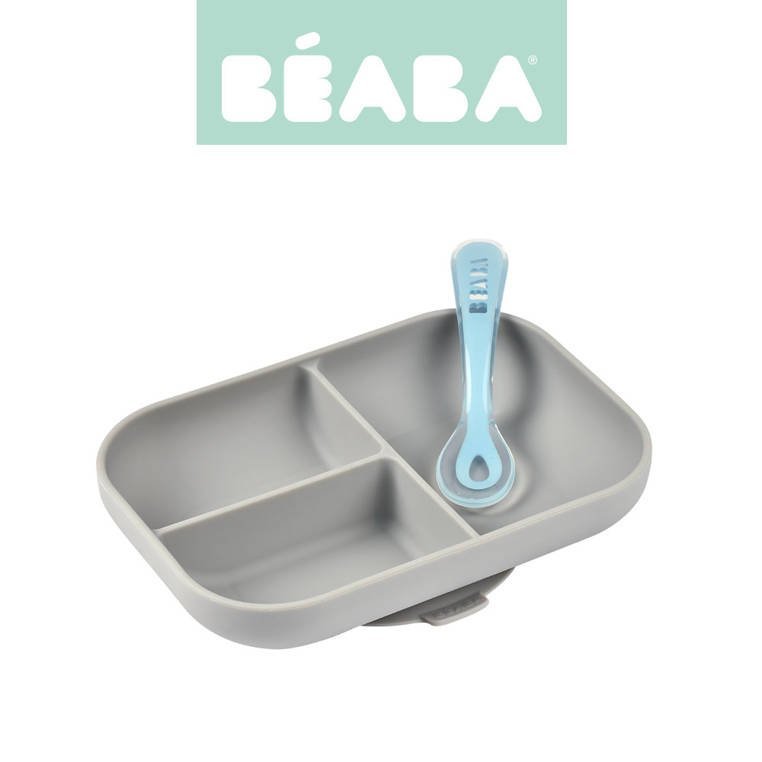 Beaba Komplet naczyń z silikonu trójdzielny talerz z przyssawką + łyżeczka grey solution-bc-7193-0