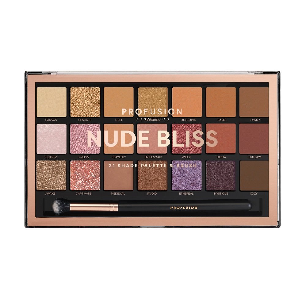 Profusion Nude Bliss Eyeshadow Palette paleta 21 cieni do powiek z pędzelkiem