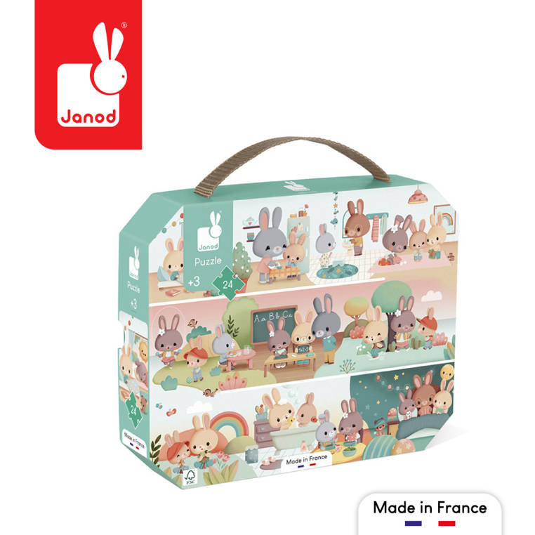 Janod Puzzle Dziecko Dzień 24 Sztuki-Gra Edukacyjna Delikatna i koncentracja-walizka na nadgarstku-Wyprodukowano we Francji i certyfikowane przez FSC-od 3 lat, J02601, Multicolor