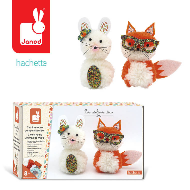 Janod Zestaw 2 pomponów zwierząt do stworzenia - The Warsztaty Deco Kit kreatywny wypoczynek Dziecięcy zdolności motoryczne i koncentracja-od 8 lat, J07919, pomarańczowy/biały J07919