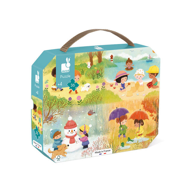 Janod Puzzle Dziecięce Pory 36 sztuk-gra edukacyjna drobna i koncentracja-walizka na nadgarstku-Wyprodukowano we Francji i certyfikowane przez FSC-od 4 lat, J02602, Multicolor J02602