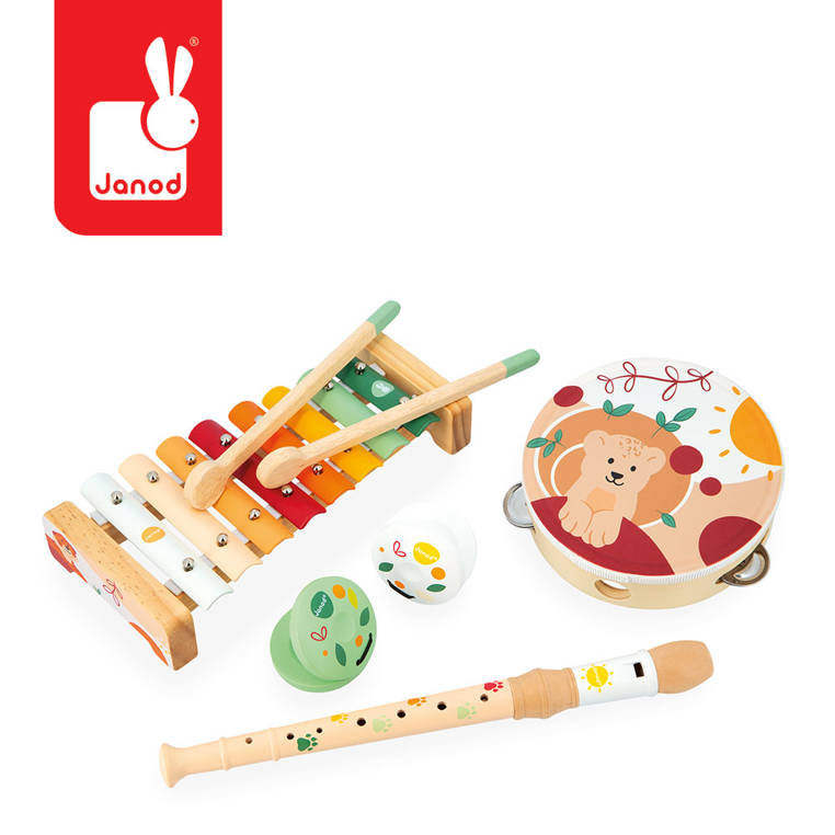 Janod Zestaw muzyczny 5 drewnianych instrumentów Sunshine do odgrywania ról dla dzieci i muzycznych wczesnej edukacji wodnej-od 18 miesięcy, J07615, wielokolorowy J07615