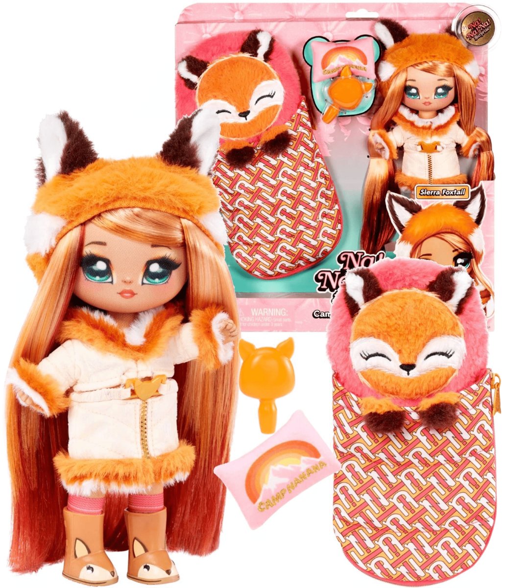 Na Na Na Surprise Na Na Na Surprise Seria Kempingowa - SIERRA FOXTAIL - Miękka pluszowa lalka inspirowana lisem z pomarańczowymi włosami i śpiworem - Strój, poduszka i szczotka - Kolekcjonerska - Dla dzieci w wieku 5+ 579397C3
