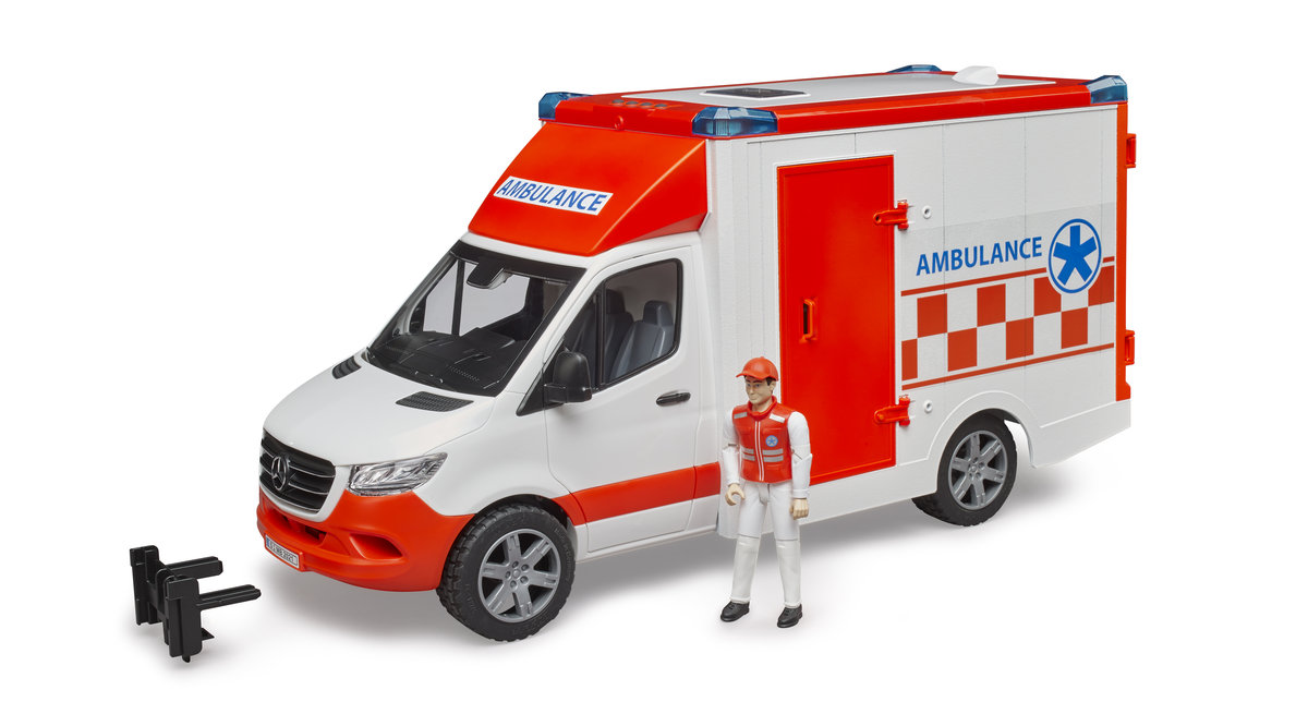 Bruder, MB Sprinter Ambulans z z figurką ratownika medycznego i modułem światło + dźwięk