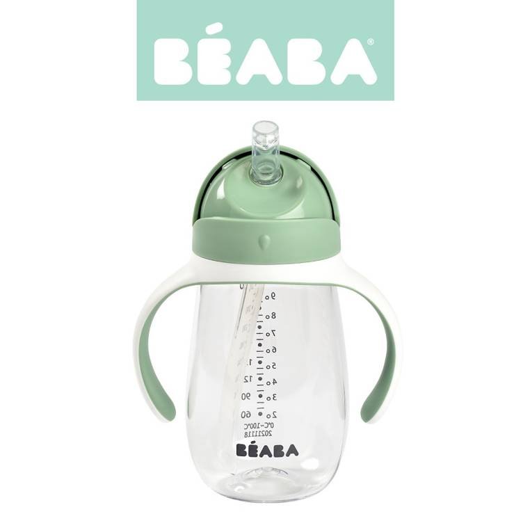 Beaba, Butelka kubek niekapek, tritanowa ze słomką, 300 ml, Sage green