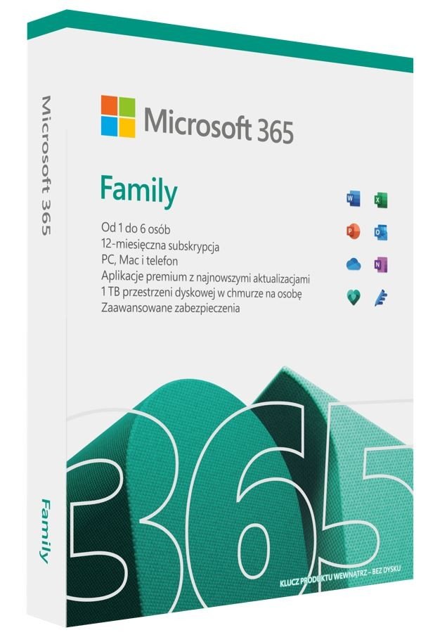 Microsoft 365 Family FPP (Box) PL P8 1Y Win/Mac Medialess Box 6GQ-01593 Zastępuje P/N: 6GQ-01161