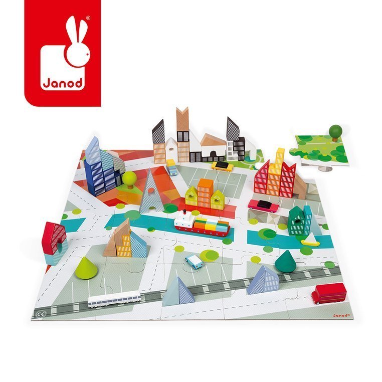 Janod Drewniane klocki z puzzlami Kubix Miasto 60 elementów 3+, solution-bc-7634-0