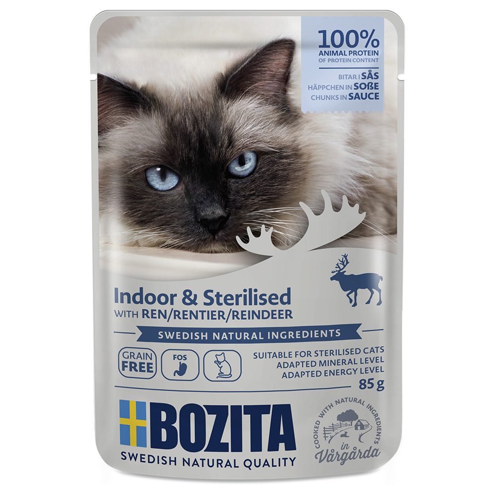12x85g Bozita Indoor & Sterilised, kawałki w sosie, renifer, mokra karma dla kota