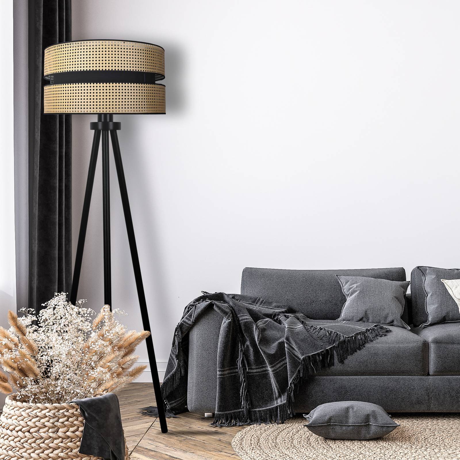 Lampa stojąca Duo, rattan, trójnóg, beżowa/czarna