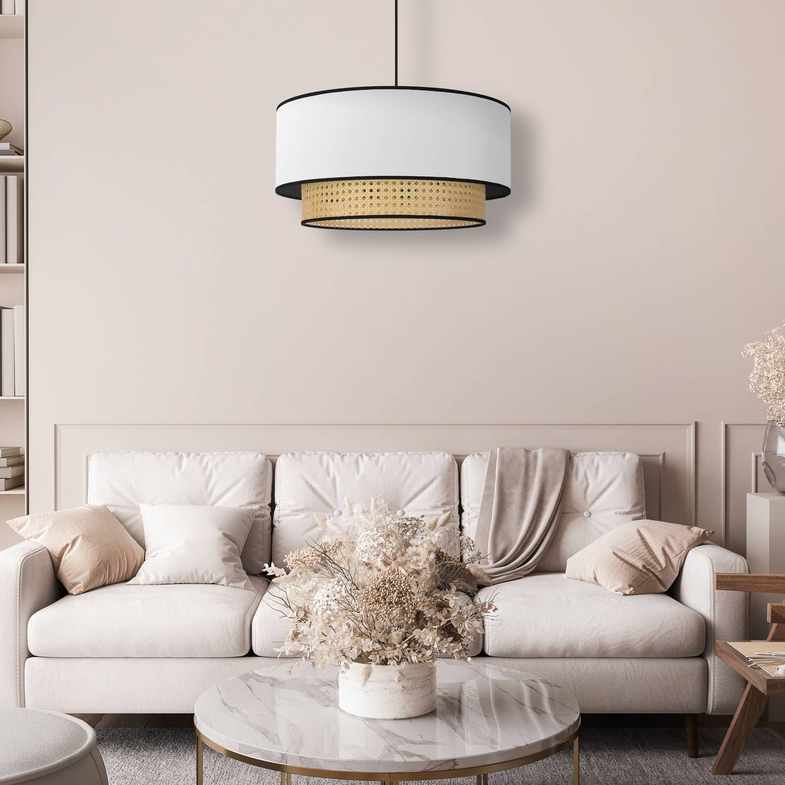 Żyrandol Boho, rattan, tkanina, beżowa/biała