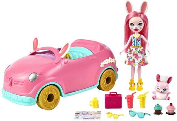 Enchantimals Bunnymobile samochód (25,9 cm) 10-częściowy zestaw z lalką, figurką królika i akcesoriami HCF85