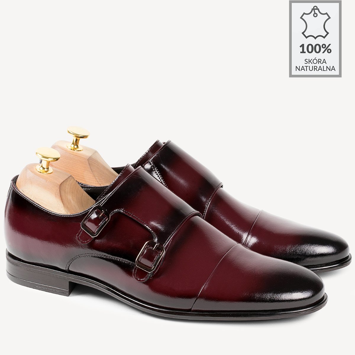 Buty męskie wizytowe skórzane monki Ignacio bordowe - BRILU