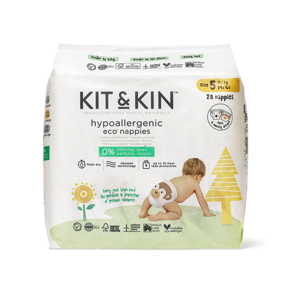 Panda Kit and Kin Kit and Kin, Biodegradowalne pieluszki jednorazowe Junior, 15+kg, mix wzorów, 30 szt.