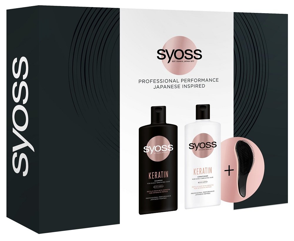 Syoss Keratin zestaw szampon do włosów słabych i łamliwych 440ml + odżywka do włosów słabych i łamliwych 440ml + kompaktowa szczotka do włosów