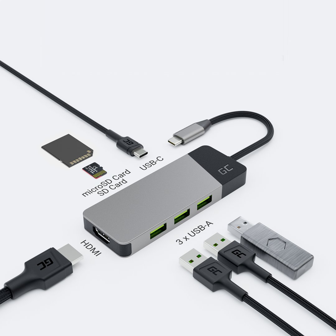 Green Cell Hub Usb-c Adapter Gc Connect 7w1 (3xusb 3.1, Hdmi 4k 60hz, Usb-c Pd 85w, Microsd/sd)