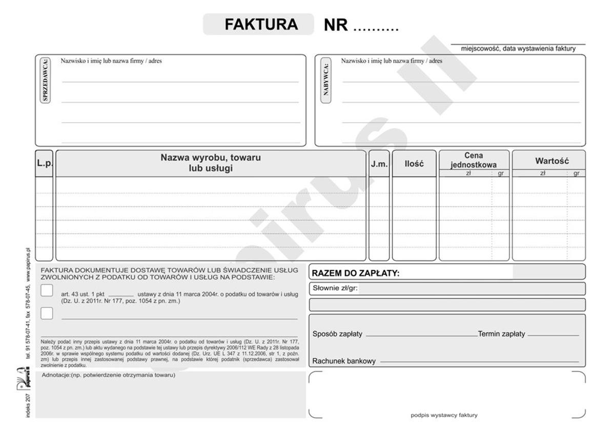 Papirus DRUK FAKT CZYNNOSCI ZWOLN Z VAT WIELO A5/60K PIR 31537-uniw