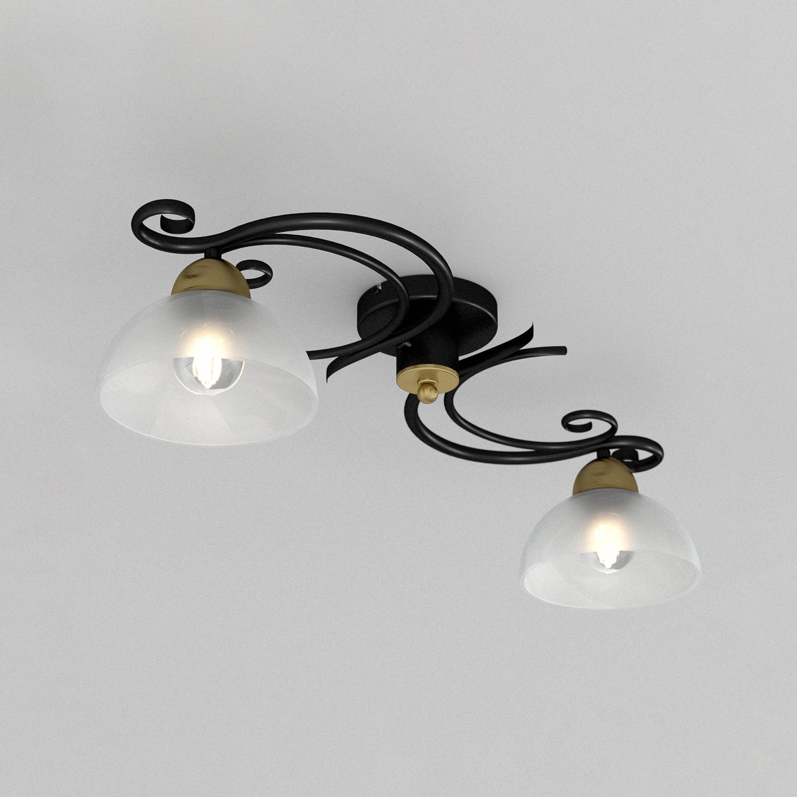 Lampa sufitowa Flora, 2 klosze, czarna/mosiądz