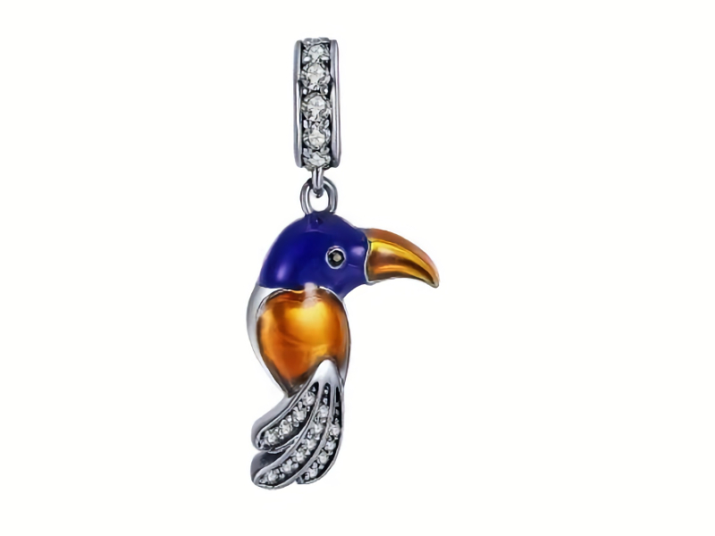 Rodowany srebrny wiszący charms do pandora papuga papużka parrot cyrkonie srebro 925 BEAD130