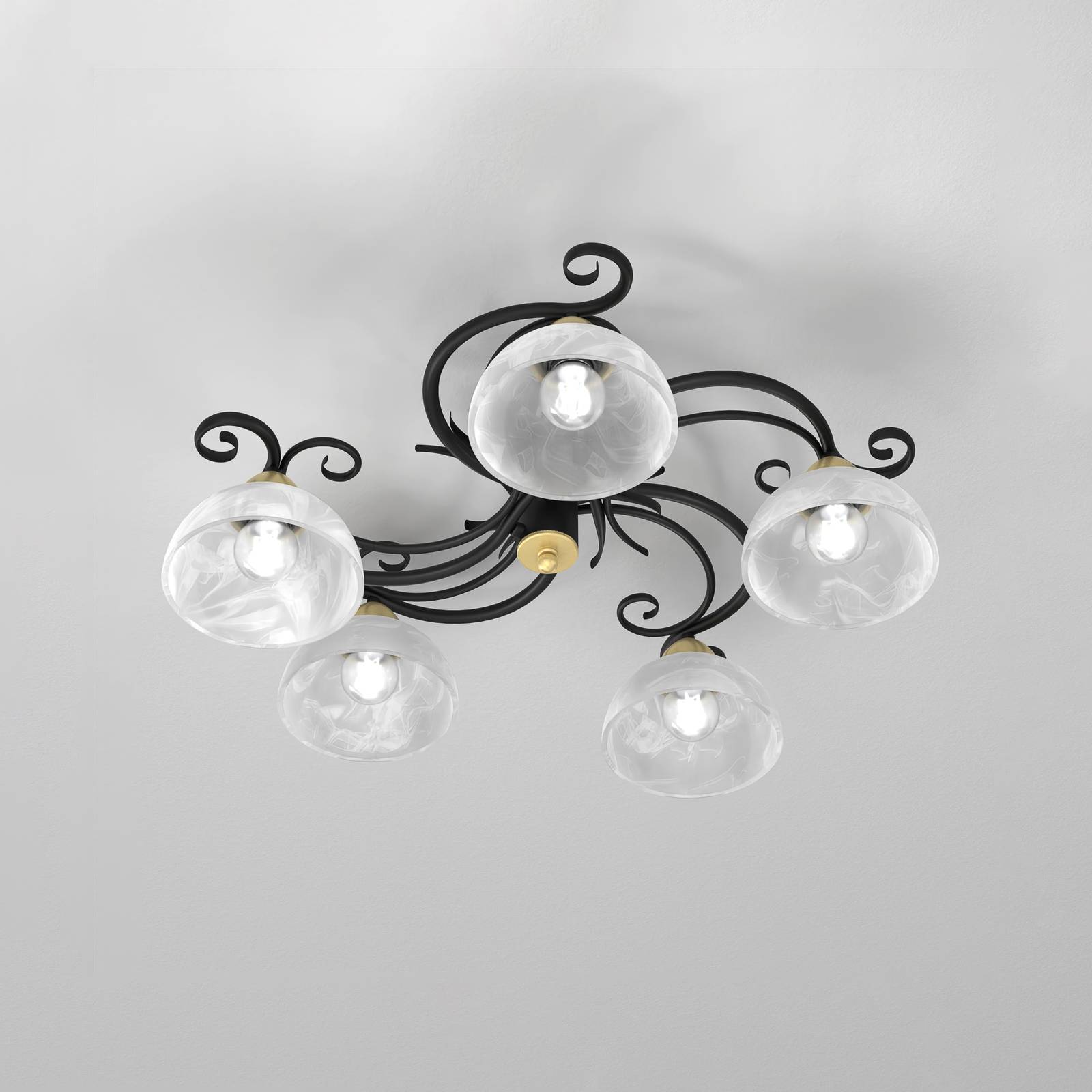 Lampa sufitowa Flora, 5 kloszy, czarna/mosiądz
