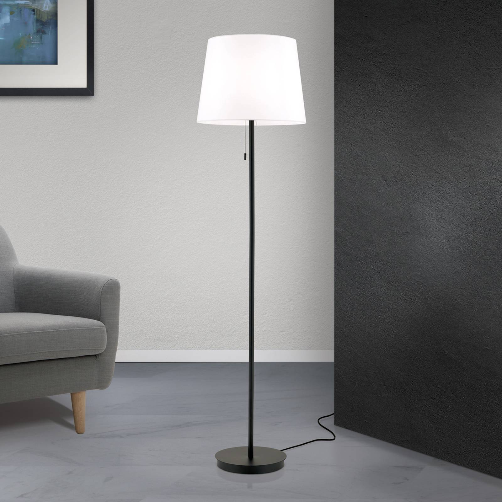 Tekstylna lampa stojąca Ludwig, czarna matowa